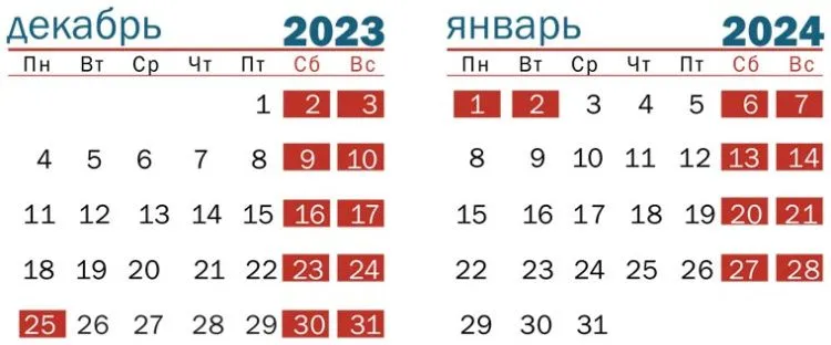 Календарь выходных и праздничных дней на декабрь и январь в Беларуси